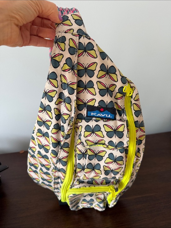 Kavu Handbags - Kavu Cream Butterfly Print Crossbody Sling Bag with Neon Yellow Zippers